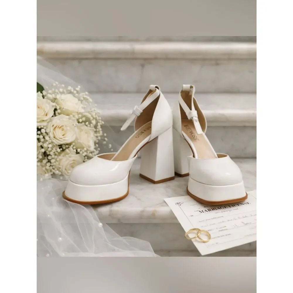 White Platform Block Heel Pumps Minimalist Square Toe Ankle Strap Size 9.5